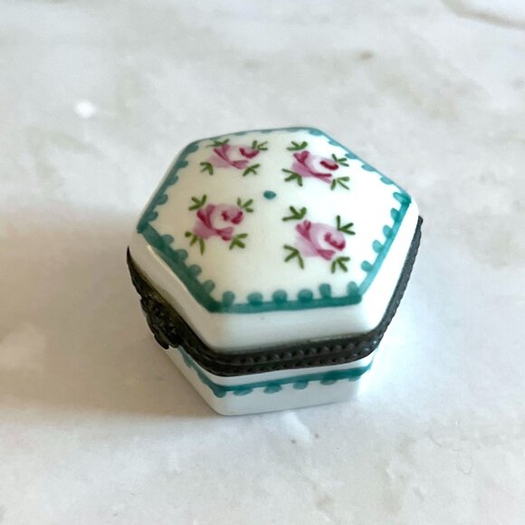 Limoges Hexagonal Rose Box: French Porcelain Trinket with Turquoise Border - Picture 1 of 5